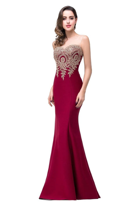 Illusion Backless Lace Mermaid Prom Dress Burgundy Long Evening Gowns - Burgundy / US 2 - Prom Dress