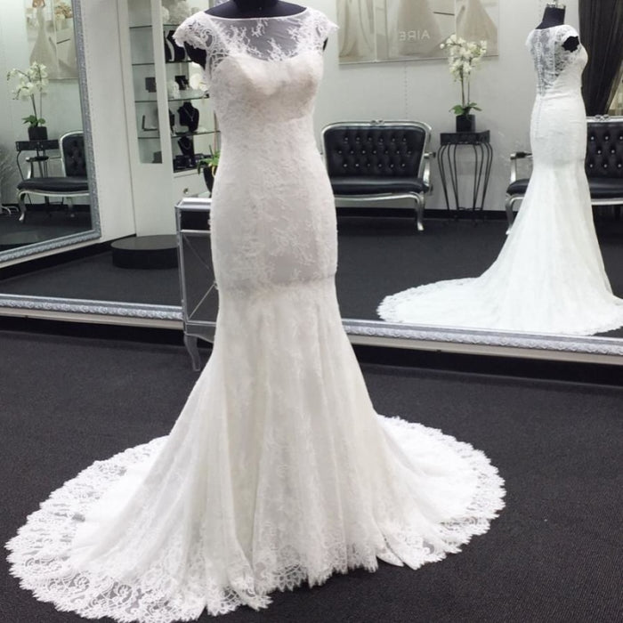 Illusion Cap Sleeve Lace Mermaid Wedding Dress - Wedding Dresses