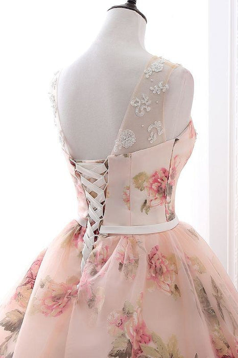 Illusion Floral Print Lace-up Ball Gown Prom Dress - Prom Dress