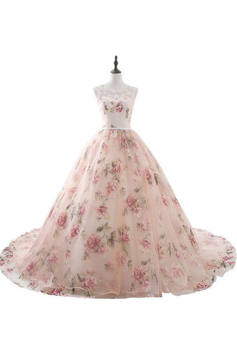 Illusion Floral Print Lace-up Ball Gown Prom Dress - As Picture / US 2 - Prom Dress