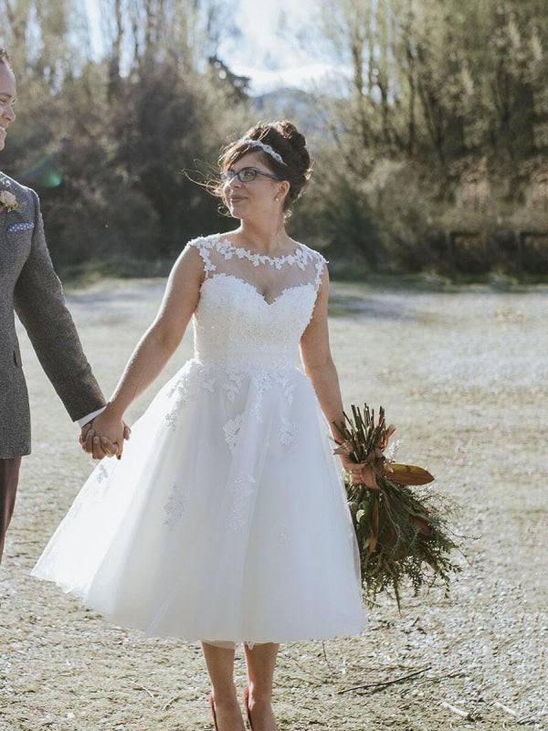 Elegant Illusion Boho Lace Short Wedding Dresses 2020
