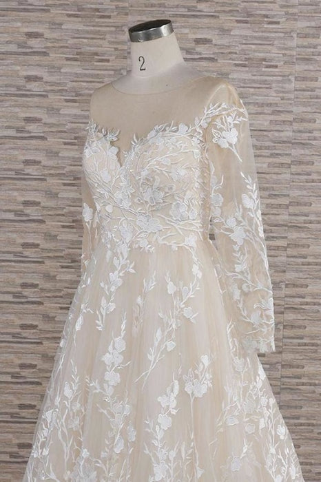 Illusion Long Sleeve Applqiues Tulle Wedding Dress - Wedding Dresses