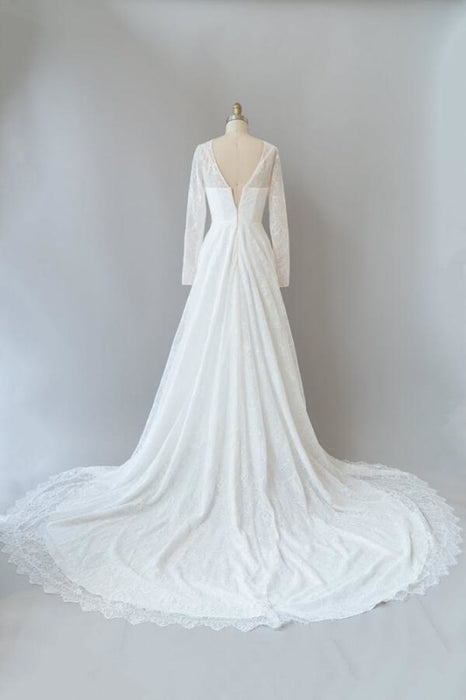 Illusion Long Sleeve Lace A-line Wedding Dress - Wedding Dresses
