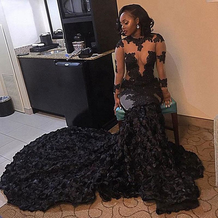 Illusion Long Sleeve Lace African Flowers Mermaid Prom Dress - Prom Dresses