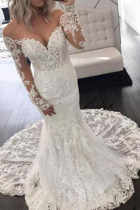 Illusion Sleeve Lace Mermaid Gorgeous Long Wedding Dress - Wedding Dresses