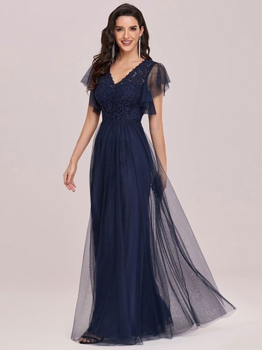 Ink Blue Prom Dress A-Line V-Neck Tulle Short Sleeves Backless Floor-Length Pageant Dresses