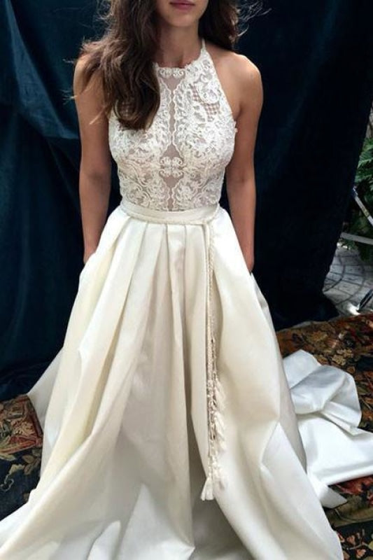 Ivory A-line Halter Lace Satin with Sweep Train Sleeveless Beach Wedding Dress - Wedding Dresses