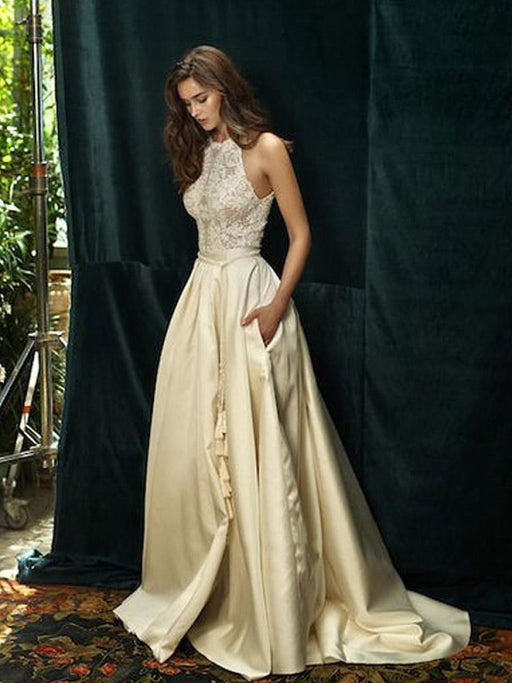 Ivory A-line Halter Lace Satin with Sweep Train Sleeveless Beach Wedding Dress - Wedding Dresses