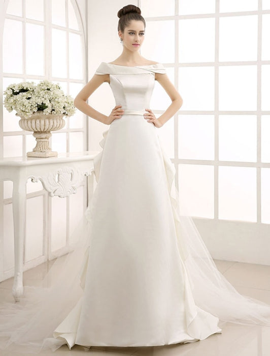 Ivory A-Line Sweep Bridal Wedding Dress with Off-The-Shoulder Ruffles misshow