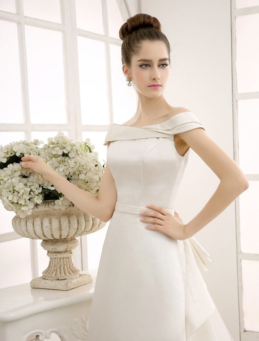 Ivory A-Line Sweep Bridal Wedding Dress with Off-The-Shoulder Ruffles misshow