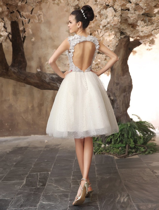 Ivory Backless Lace Applique Tulle Sequins Wedding Dress  misshow