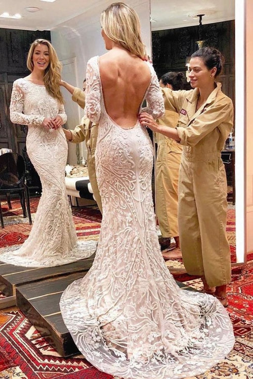 Ivory Backless Long Sleeves Mermaid Lace Wedding Dress - Wedding Dresses