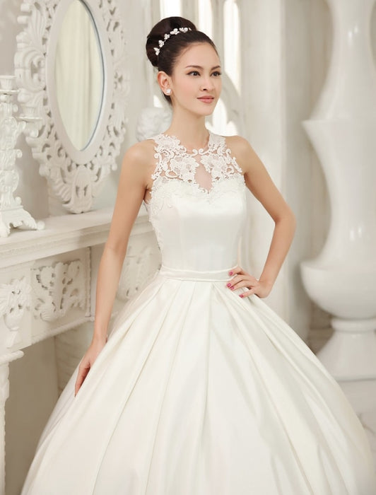 Ivory Ball Gown Jewel Neck Bow Floor-Length Satin Bridal Wedding Gown  misshow