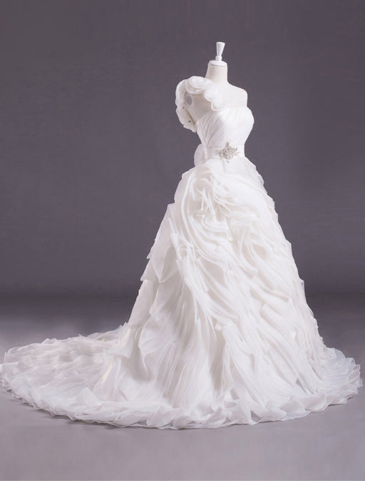 Ivory Ball Gown One-Shoulder Flower Court Train Wedding Dress 