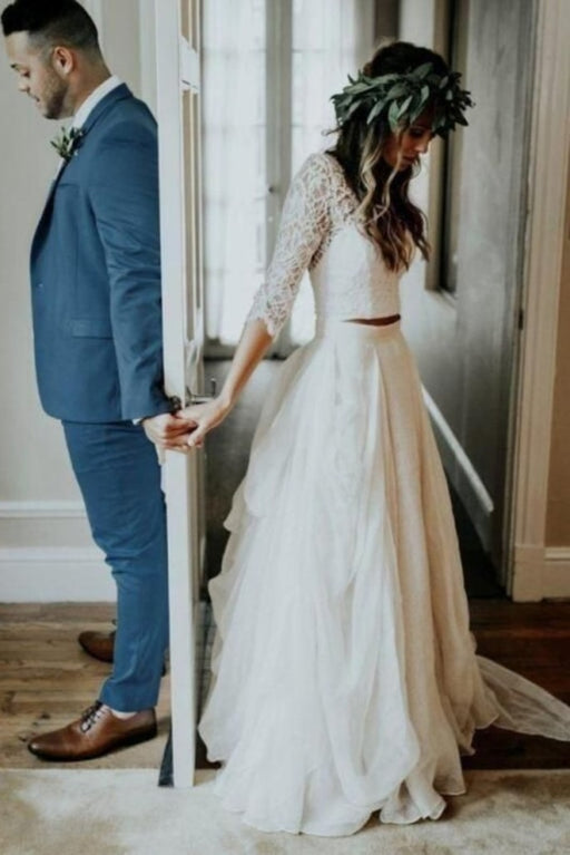 Ivory Chiffon Rustic Cheap 3/4 Sleeves Two Piece Wedding Dress - Wedding Dresses
