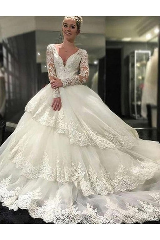 Ivory Deep V-Neck Long Sleeves Lace Appliques Chapel Train Tiered Wedding Dress - Wedding Dresses