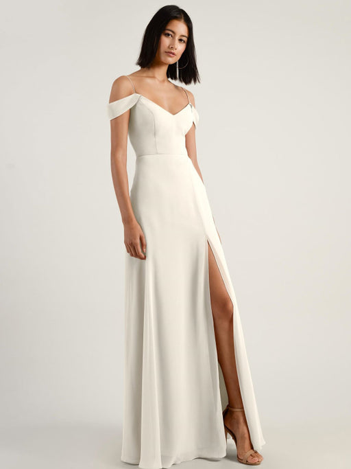 Ivory Evening Dress A-Line Bateau Neck Floor-Length Short Sleeves Zipper Split Front Stretch Crepe Social Pageant Dresses