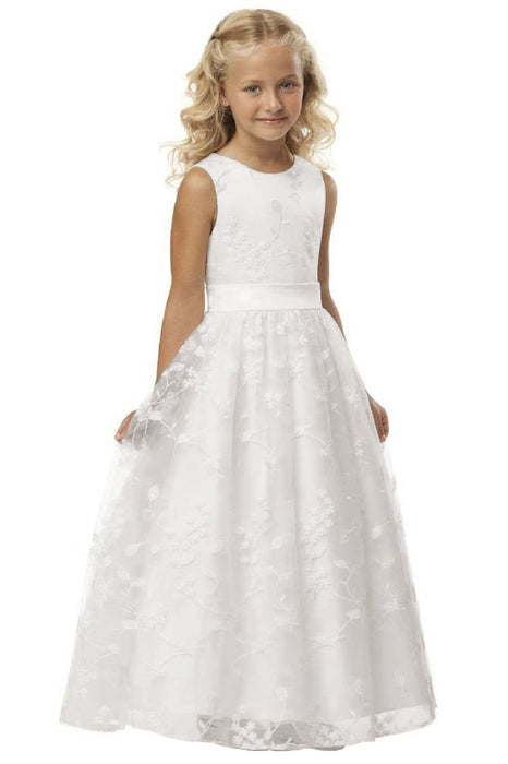 Ivory Flower Girl Dress Sleveless Jewel Neck Satin Little Girl Dress for Weddings with Lace Appliques - White / 2Y-3Y - Flower Girl Dresses