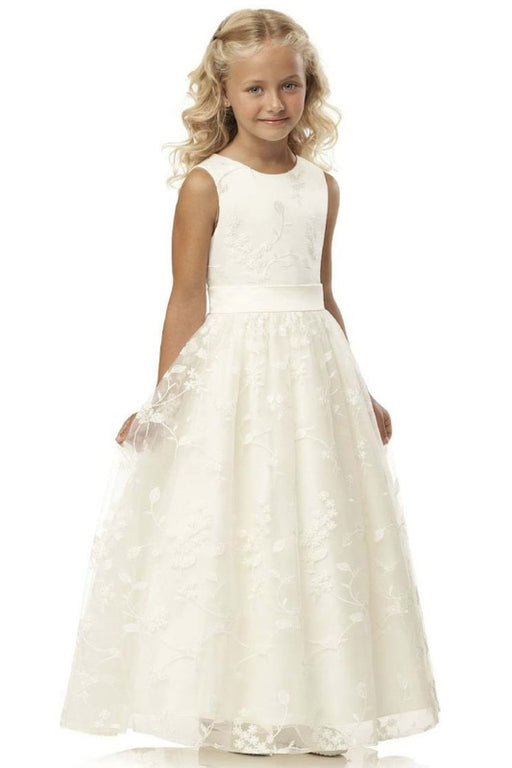 Ivory Flower Girl Dress Sleveless Jewel Neck Satin Little Girl Dress for Weddings with Lace Appliques - Ivory / 2Y-3Y - Flower Girl Dresses