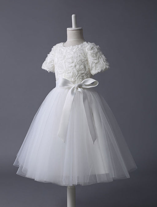 Ivory Flower Girl Dress Lace Tutu Dress Ribbon Bow Sash Half Sleeve Short Kids Party Dresses