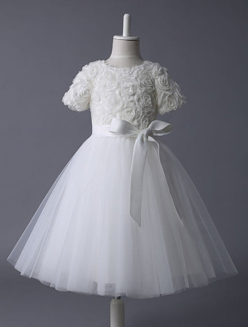 Ivory Flower Girl Dress Lace Tutu Dress Ribbon Bow Sash Half Sleeve Short Kids Party Dresses