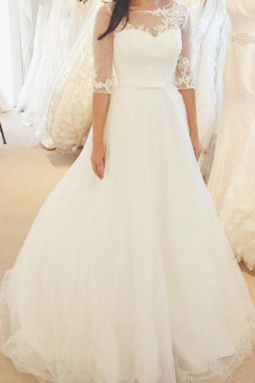 Ivory Half Sleeves Floor-length Bateau With Lace Applique Tulle Wedding Dress - Wedding Dresses