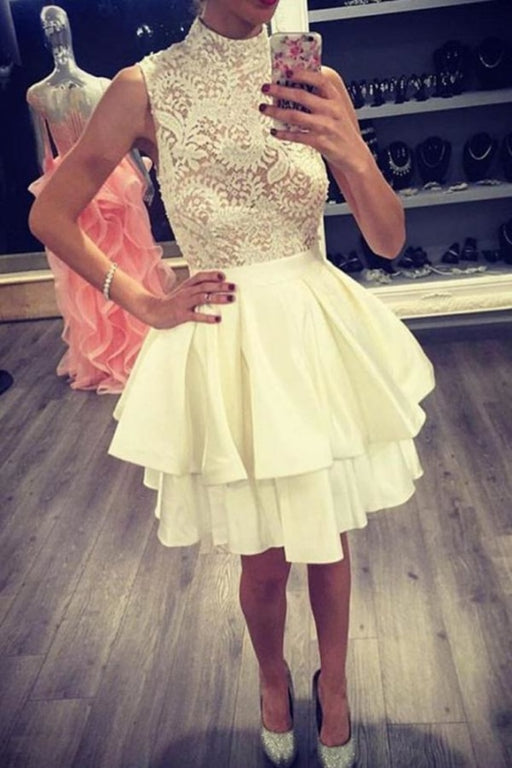 Ivory High Neck Satin Homecoming with Lace Short Two Layers Prom Dress - Prom Dresses