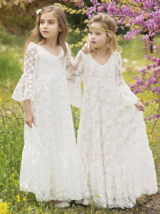 Ivory Flower Girl Dresses Jewel Neck Long Sleeves Lace Kids Party Dresses