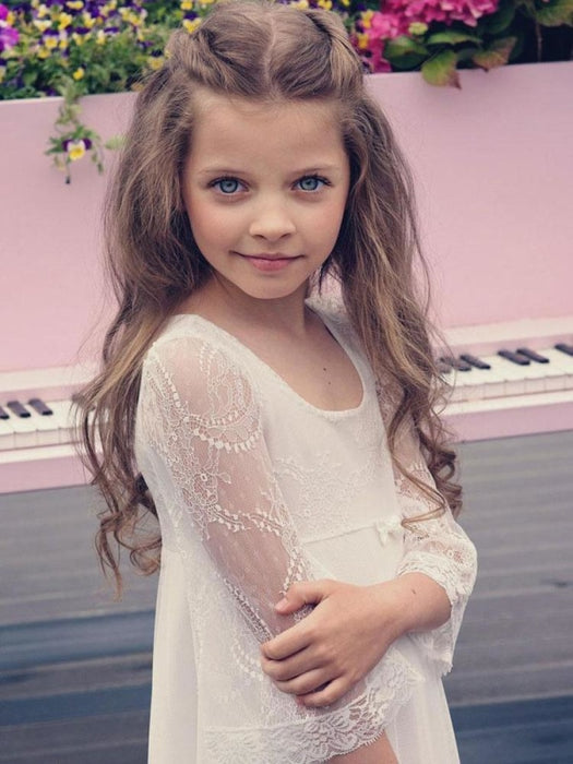 Ivory Flower Girl Dresses Jewel Neck Long Sleeves Lace Kids Party Dresses