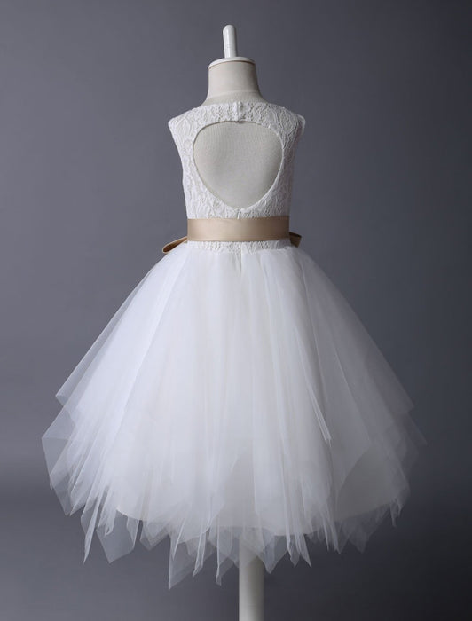 Flower Girl Dress Lace Ivory Tutu Dress Satin Ribbon Bow Sash Illusion Kids Party Dress