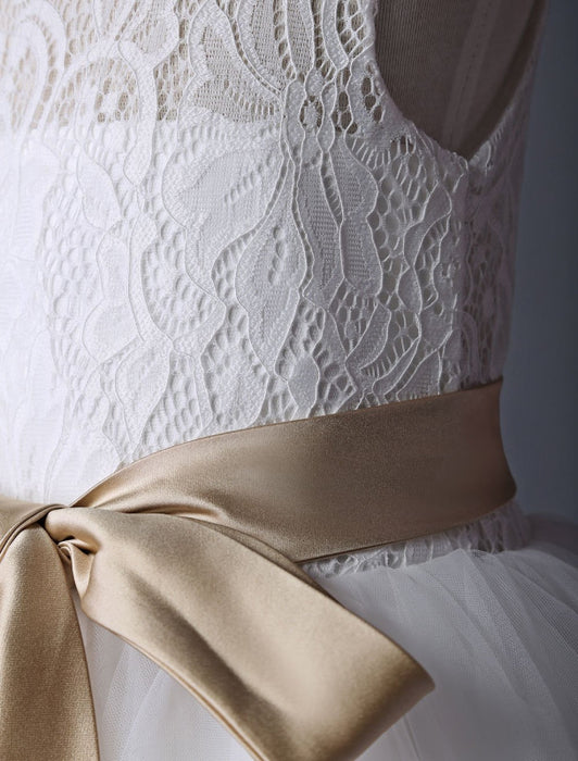 Flower Girl Dress Lace Ivory Tutu Dress Satin Ribbon Bow Sash Illusion Kids Party Dress