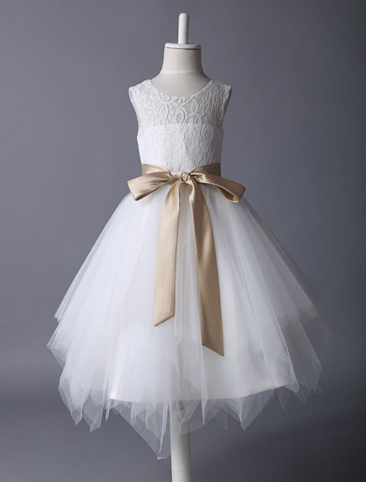 Flower Girl Dress Lace Ivory Tutu Dress Satin Ribbon Bow Sash Illusion Kids Party Dress