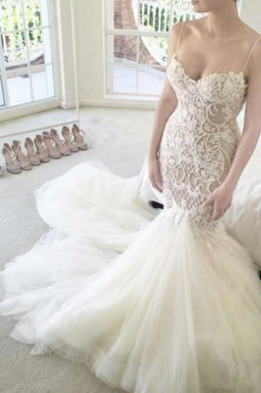 Ivory Mermaid Backless Spaghetti Straps Court Train Lace Tulle Wedding Dress - Wedding Dresses