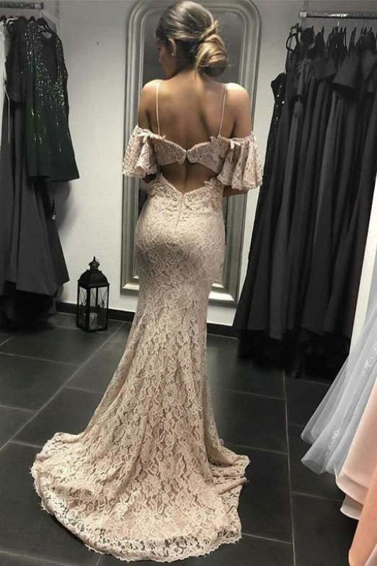 Ivory Mermaid Spaghetti Straps Open Back Prom Lace Wedding Dress - Prom Dresses