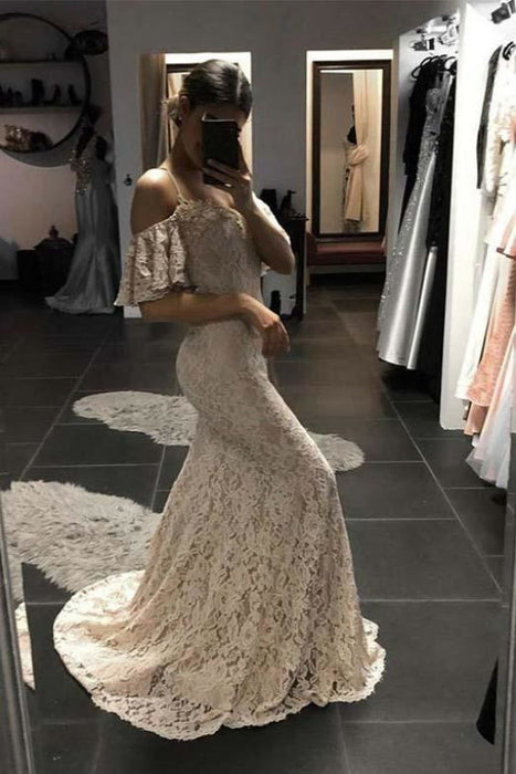 Ivory Mermaid Spaghetti Straps Open Back Prom Lace Wedding Dress - Prom Dresses