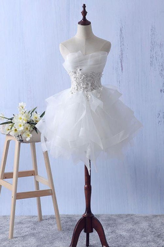 Ivory Mini Ruffles Strapless Short Homecoming Lace Appliques Graduation Dress - Prom Dresses