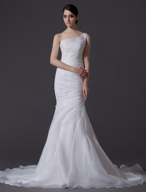 Ivory One-Shoulder Organza Mermaid Wedding Dress-Bridelily