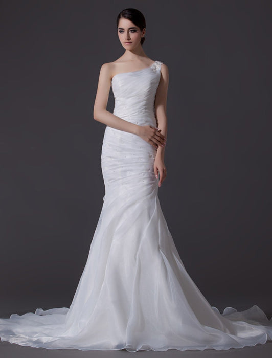 Ivory One-Shoulder Organza Mermaid Wedding Dress-Bridelily Ivory One-Shoulder Organza Mermaid Wedding Dress-Bridelily