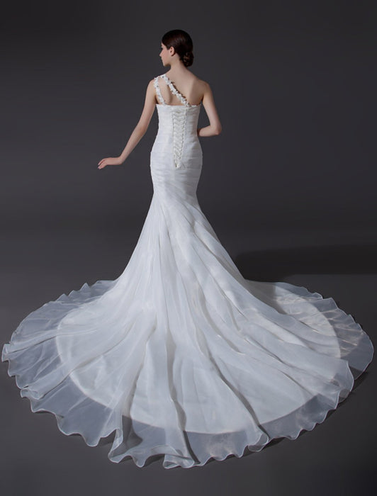 Ivory One-Shoulder Organza Mermaid Wedding Dress-Bridelily Ivory One-Shoulder Organza Mermaid Wedding Dress-Bridelily