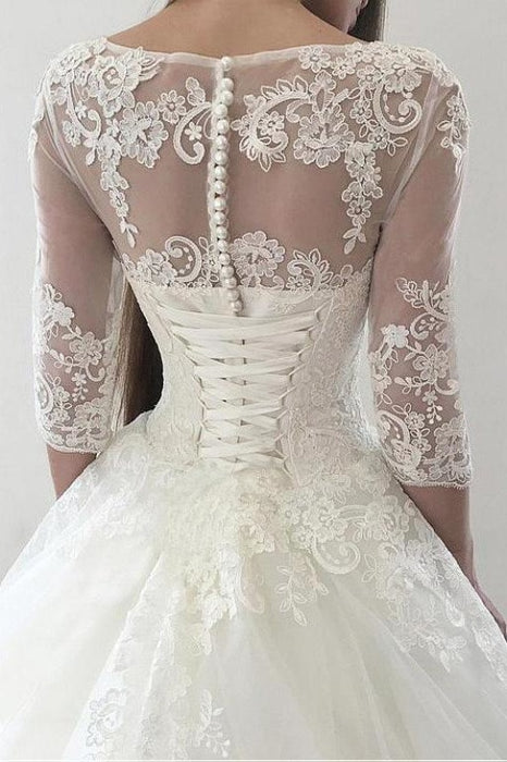 Ivory Puffy Half Sleeves Long Vintage Tulle Bateau Appliques Wedding Dress - Wedding Dresses