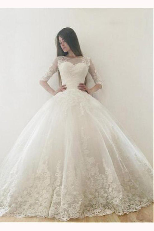 Ivory Puffy Half Sleeves Long Vintage Tulle Bateau Appliques Wedding Dress - Wedding Dresses