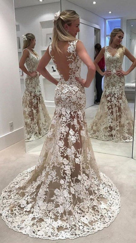 Ivory Sheer Back Jewel Neck Trumpet/Mermaid Lace Tulle Long Wedding Dress - Wedding Dresses