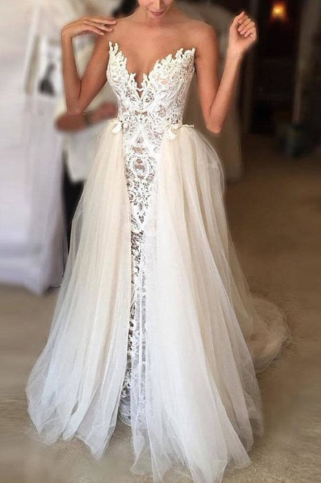 Ivory Sheer Neck Lace Gowns Tulle Vintage Special Wedding Dress - Wedding Dresses