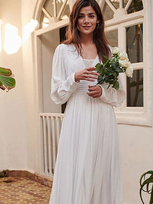 Ivory Simple Wedding Dress A-Line V-Neck Long Sleeves Pleated Floor-Length Chiffon Bridal Dresses