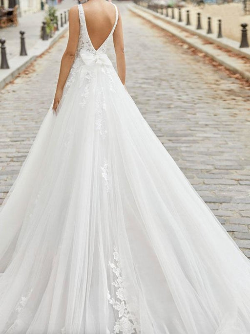 Ivory Simple Wedding Dress A Line V Neck Sleeveless Applique With Long Train Bridal Dresses