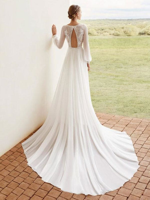 Ivory Simple Wedding Dress With Train A Line V Neck Long Sleeves Lace Bridal Gowns