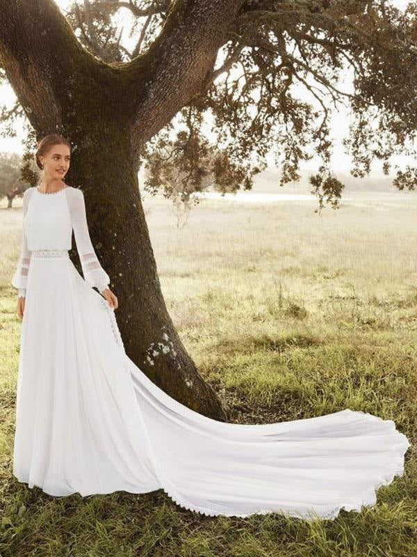Ivory Simple Wedding Dress With Train Chiffon Jewel Neck Long Sleeves Lace A Line Bridal Gowns