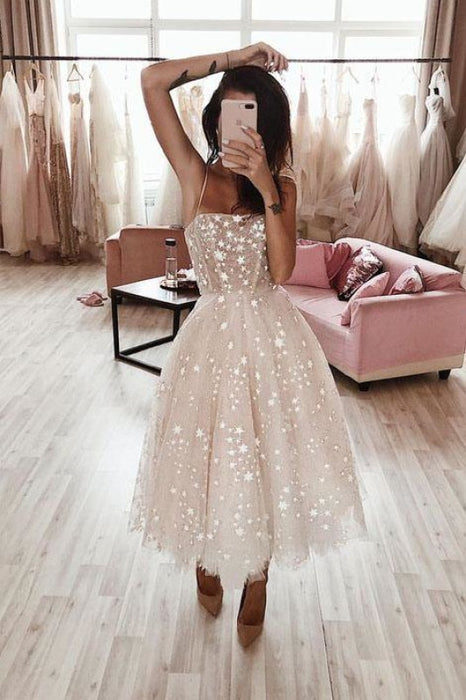 Ivory Spaghetti Strap Tea Length Starry Tulle Homecoming Dress Midi Prom Dresses - Prom Dresses
