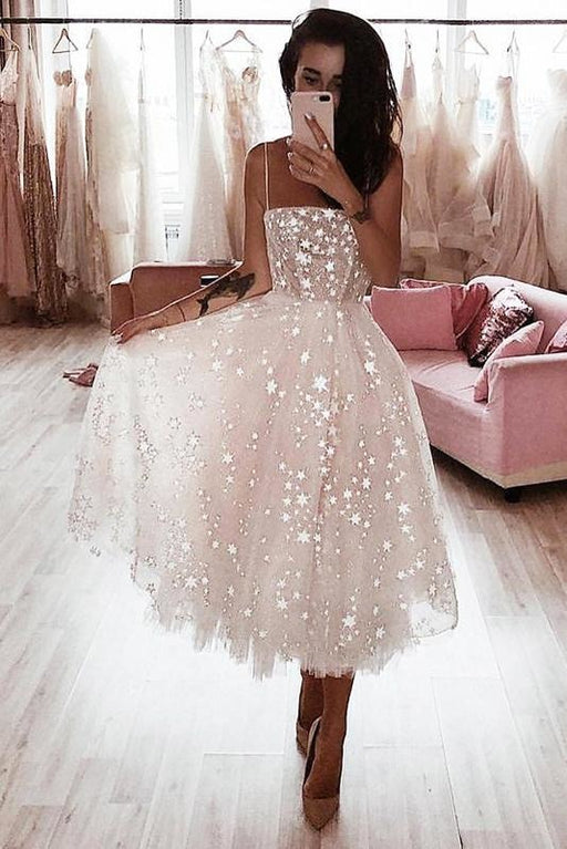 Ivory Spaghetti Strap Tea Length Starry Tulle Homecoming Party Dress - Prom Dresses