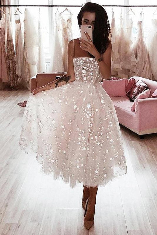 Ivory Tulle Homecoming Dress Tea Length Party Dress - Bridelily Ivory Tulle Homecoming Dress Tea Length Party Dress - Bridelily